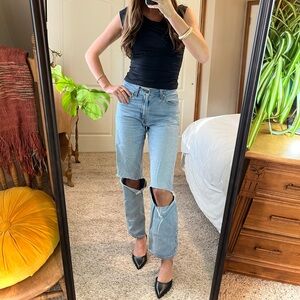 Levi’s ripped boyfriend jeans 
Straight leg light wash denim